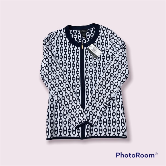 NWT  GRACE KNIT DRESSING  BLUE AND WHITE FRONT ZIPPER CARDIGAN - Picture 2 of 5